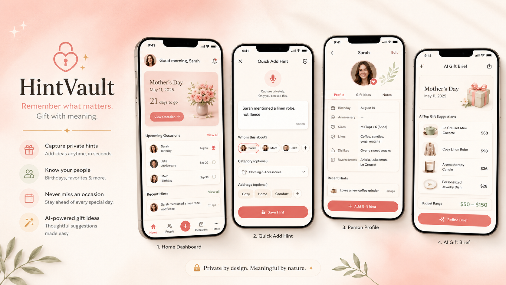 HintVault mobile app screens showing home, quick add, profile, and AI gift brief